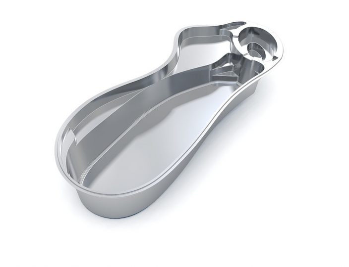3D rendering of the Brilliant fiberglass pool model featuring a freeform shape with integrated spa and seating