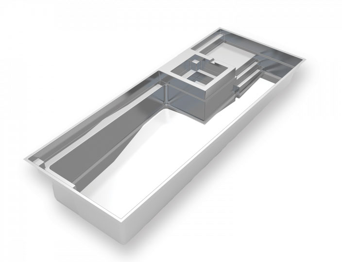 3D rendering of the Exquisite fiberglass pool model featuring a built-in spa, tanning ledge, and extended swim lane