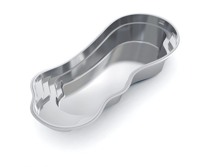 3D rendering of the Fantasy fiberglass pool model featuring a curvy freeform shape with built-in seating