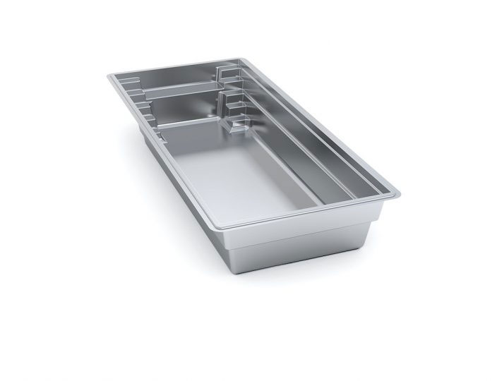 3D rendering of the Freedom fiberglass pool model featuring a long, rectangular shape with built-in steps