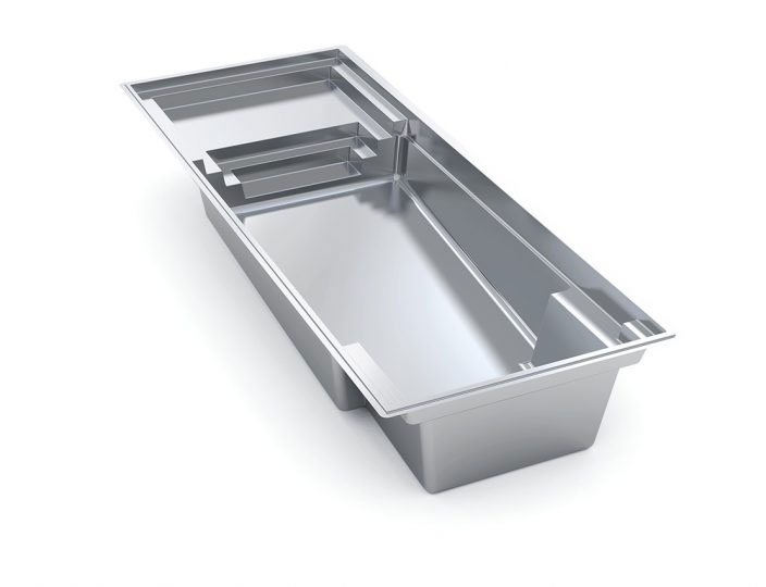 3D rendering of the Illusion fiberglass pool model featuring built-in steps and a spacious swim area
