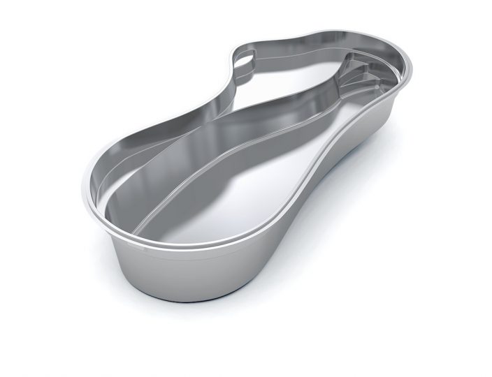 3D rendering of the Inspiration fiberglass pool model with a flowing freeform shape and built-in seating