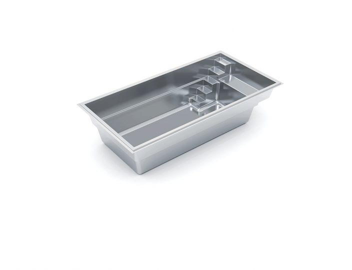3D rendering of the Vision fiberglass pool model with built-in steps and compact rectangular design