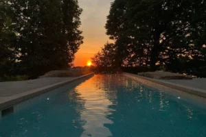 Long rectangular inground pool reflecting a sunset between surrounding trees