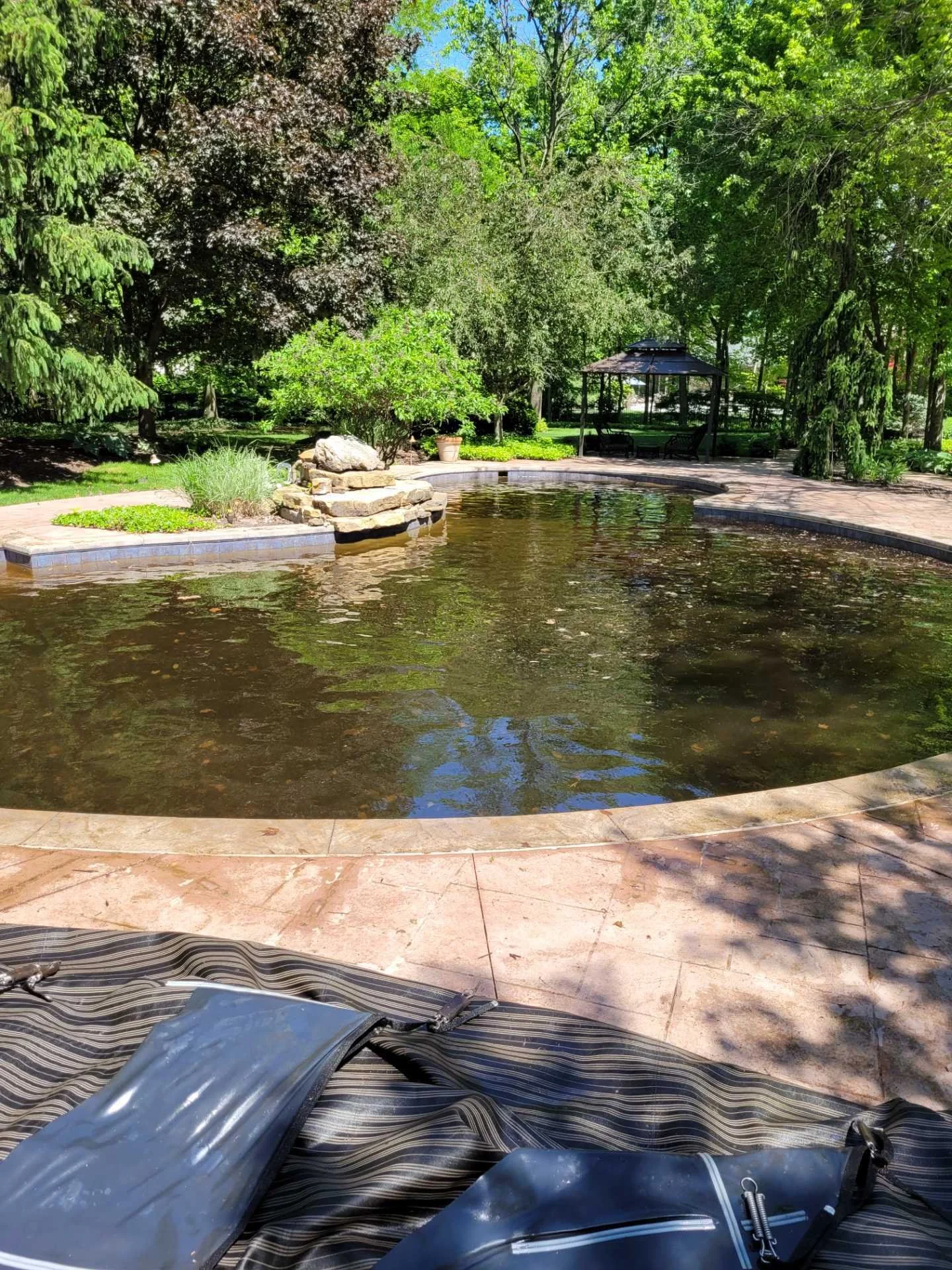 Pool maintenance before photo - neglected inground pool with murky brown water, debris, and algae growth needing service by Barton Pool Company