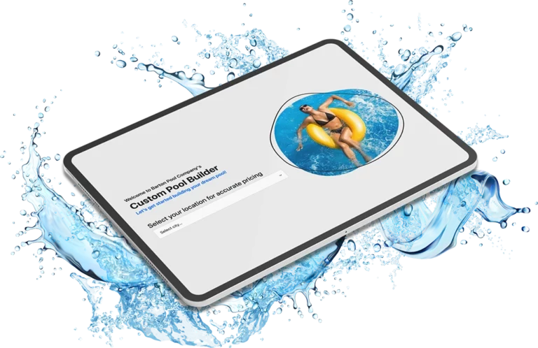 Tablet displaying Barton Pool Company’s Custom Pool Builder tool with splash water effects
