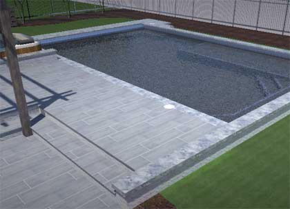 3D conceptual rendering of an inground pool design with surrounding patio layout