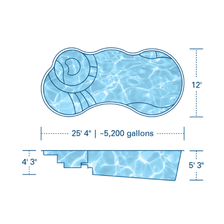 I Series River fiberglass pool by Barton Pool Company - freeform kidney-shaped pool with circular spa and curved entry steps