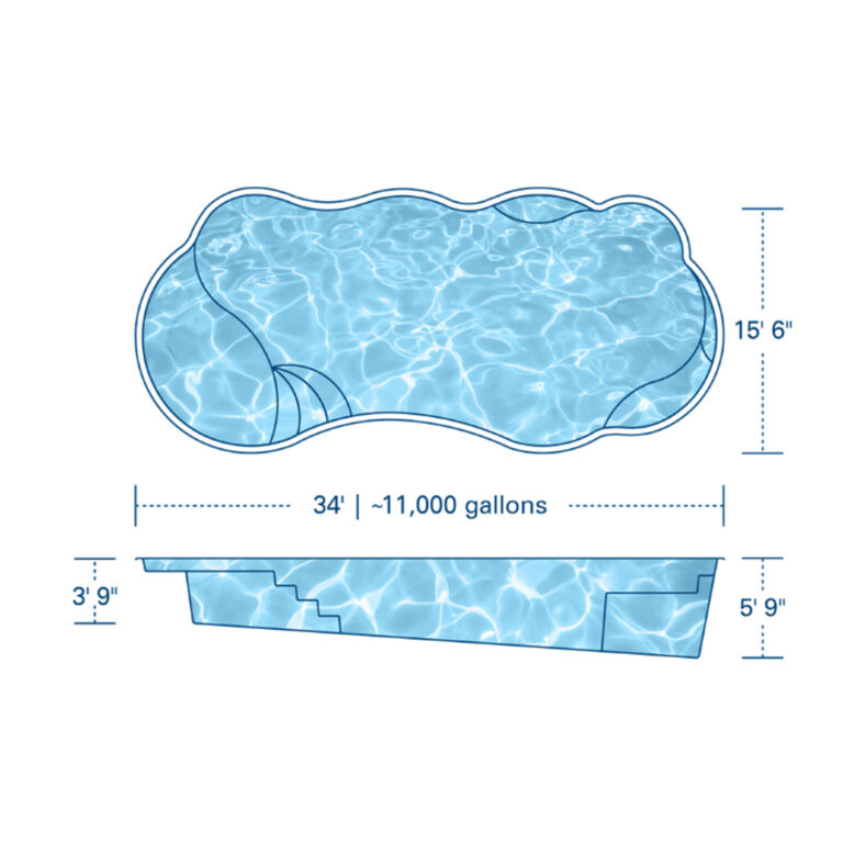 I Series River fiberglass pool by Barton Pool Company - freeform kidney-shaped pool with circular spa and curved entry steps