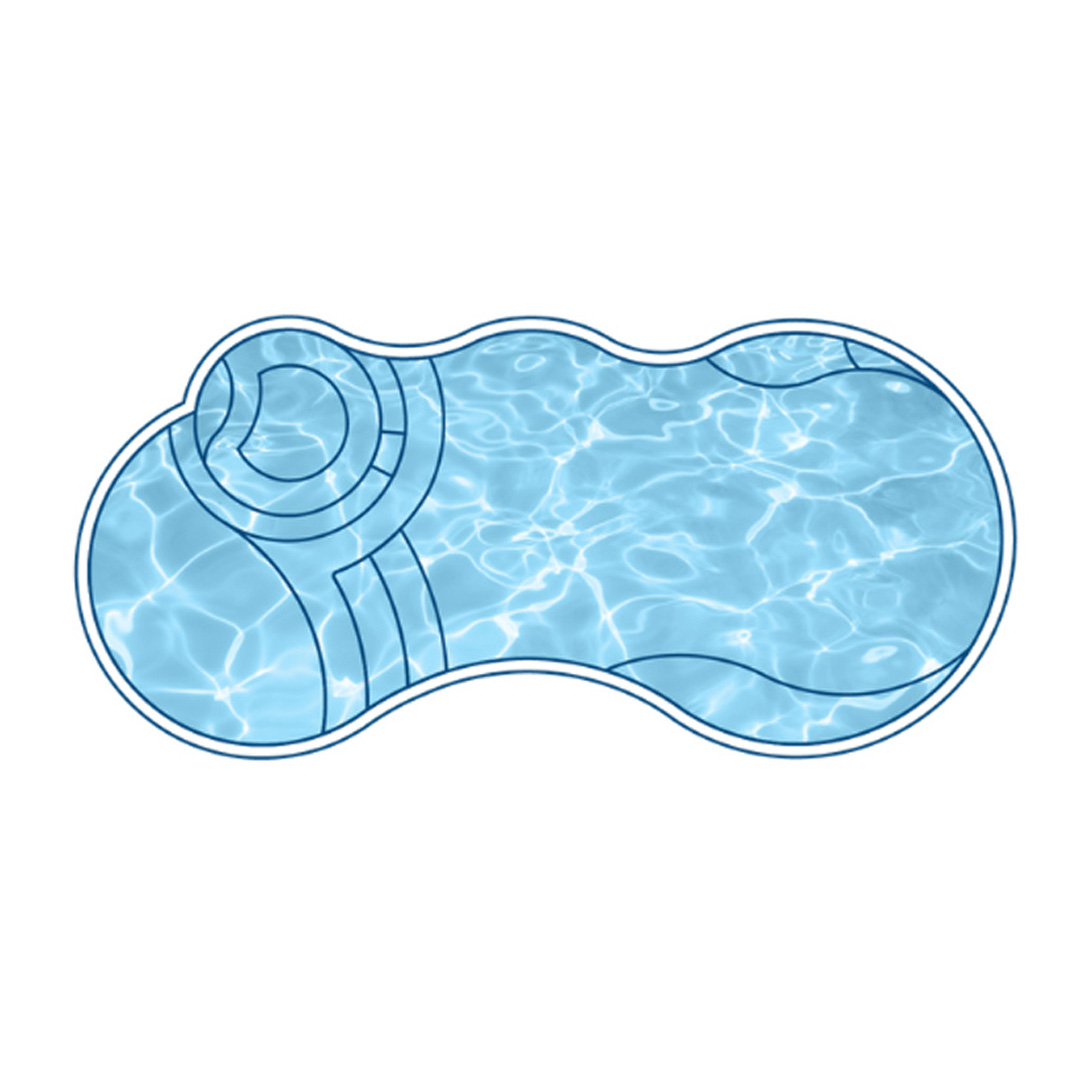I Series River fiberglass pool by Barton Pool Company - freeform kidney-shaped pool with circular spa and curved entry steps