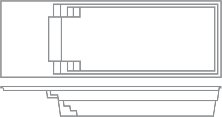 2D rendering of the Freedom fiberglass pool model with extended splash pad and built-in steps