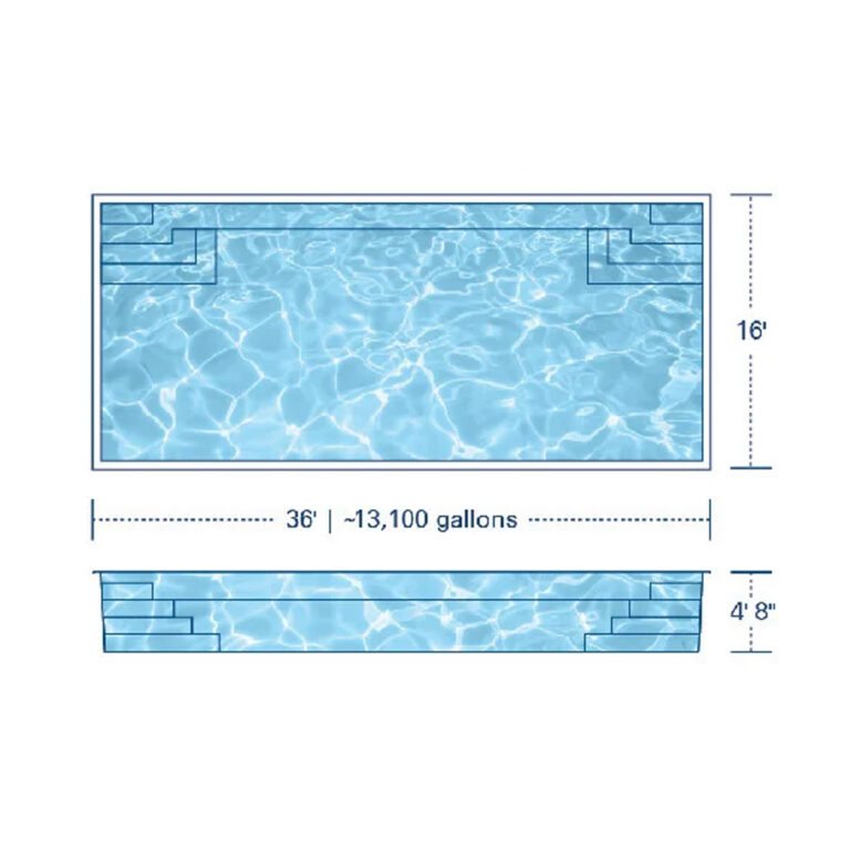 A Series River fiberglass pool by Barton Pool Company - rectangular lap pool with dual entry steps and clear blue water