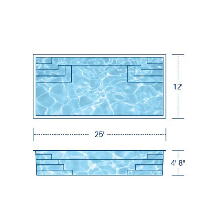 A Series River fiberglass pool by Barton Pool Company - rectangular lap pool with dual entry steps and clear blue water