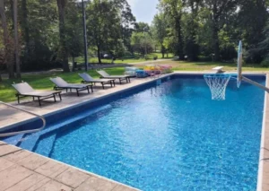Rectangular vinyl liner pool with basketball hoop and lounge chairs in a wooded backyard