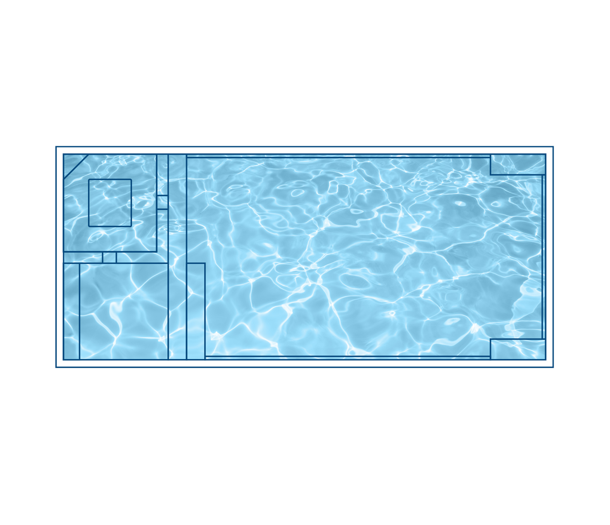 X36 River fiberglass pool by Barton Pool Company - rectangular lap pool with corner entry steps and built-in bench seating