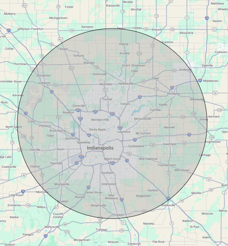 Barton Pool Company service area map - circular coverage zone centered on Indianapolis showing pool installation and renovation service region